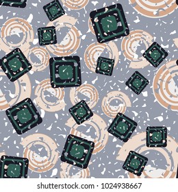 Seamless pattern of curls and squares. Shabby texture. Merry background.