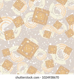 Seamless pattern of curls and squares. Shabby texture. Merry background.