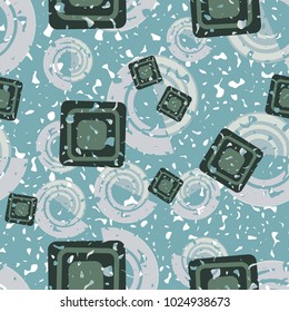 Seamless pattern of curls and squares. Shabby texture. Merry background.