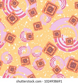 Seamless pattern of curls and squares. Shabby texture. Merry background.
