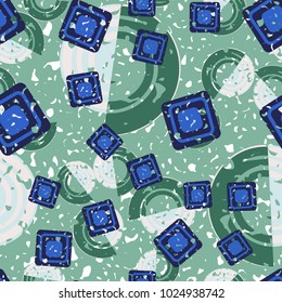 Seamless pattern of curls and squares. Shabby texture. Merry background.