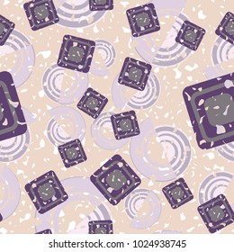 Seamless pattern of curls and squares. Shabby texture. Merry background.