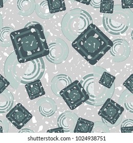 Seamless pattern of curls and squares. Shabby texture. Merry background.
