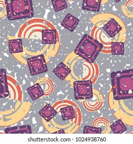 Seamless pattern of curls and squares. Shabby texture. Merry background.