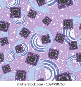 Seamless pattern of curls and squares. Shabby texture. Merry background.