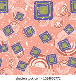 Seamless pattern of curls and squares. Shabby texture. Merry background.