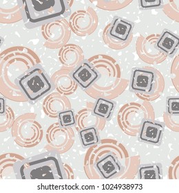 Seamless pattern of curls and squares. Shabby texture. Merry background.