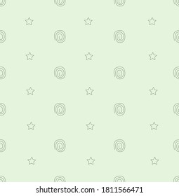 Seamless pattern with curls and stars arranged in vertical lines on light green background. Design for textiles, posters, labels.