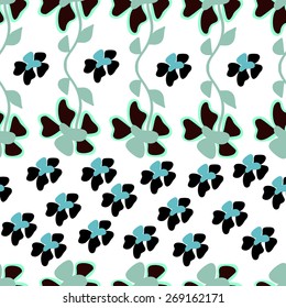 Seamless pattern with curly black and blue flowers arranged horizontal  stripes.