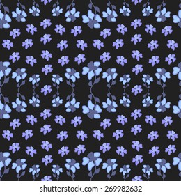 Seamless pattern with curly blue flowers arranged horizontal  stripes on dark background.