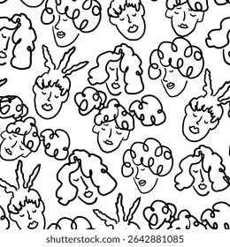 seamless pattern with curly females in hand drawn style. Element for poster design banner decoration prints postcards backgrounds wallpaper wrapping packaging textile banner