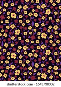 Seamless pattern with curly flower branches on a dark background. Lemon yellow and purple flowers, leaves. Vector Template for fashion fabrics, prints, Wallpaper, covers. Mysterious Botanical texture 