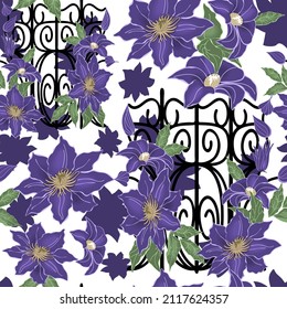 Patrón inexorable con flores de rizo y hojas de clematis y valla abierta.Antecedentes con elementos de diseño botánico en dibujos animados.Textura floral para la impresión en tejidos y papel.Ilustración vectorial.