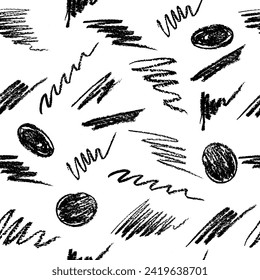 Seamless pattern of curly lines by wax crayon, hand drawn grunge background. Vector illustration