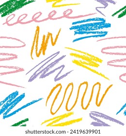 Seamless pattern of curly lines by wax crayon, hand drawn grunge background. Vector illustration