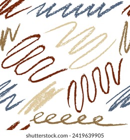 Seamless pattern of curly lines by wax crayon, hand drawn grunge background. Vector illustration
