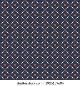 Seamless pattern of curly mesh in gray on a blue background with white and brown elements

