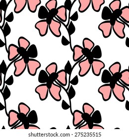 Seamless pattern with curly pink flowers with one black petal.