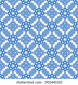Seamless pattern of curly stars in blue shades. Intricate oriental print on a white background. Great for decorating fabrics, textiles, gift wrapping design, any printed materials and advertising.
