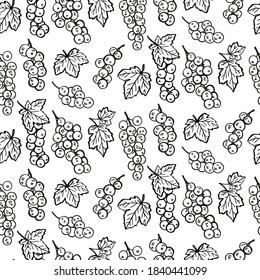 Seamless pattern with currant and leaves. Graphic hand drawn engraving style. Doodle illustration for packaging, menu cards, posters, prints.