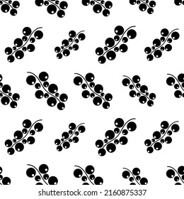 Seamless pattern with currants. Black sign wild berries on white background. Currants icon flat. Summer background with berries. Design for print on wrapping paper, packaging. Vector illustration