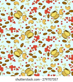 Seamless pattern of currants, sunflower seeds and nuts