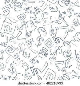 Seamless Pattern of  Currencies such as  dollar, pound, euro, sheqel, hryvnia, yen, rupee. Charcoal Contour. Isolated on White Background. Vector EPS 10