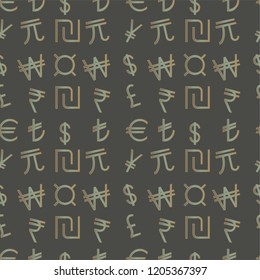 Seamless pattern - Currency symbols of the world on a dark gray background. Vector.
