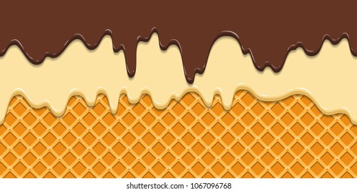 Seamless pattern. Current icing and chocolate on waffle texture background, waffle cone with ice cream. Cartoon illustration for web, site, advertising, banner, poster, flyer, business card. Vector