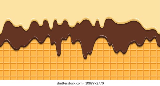 Seamless pattern. Current icing and chocolate on waffle texture background, waffle cone with ice cream. Cartoon illustration for web, advertising, banner, poster, business card. Vector Illustration