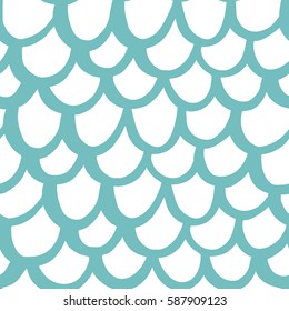 Seamless pattern with curve imitation mermaid scales, in marine style. Hand drawing of blue ink on a white background. Vector Image.