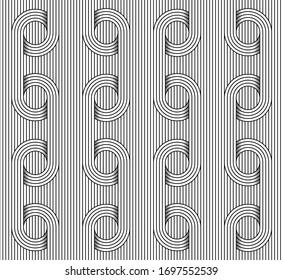 Seamless pattern of curved bands. Chain. Lines. Interlacing.Vector seamless texture. Modern geometric background. Monochrome repeating pattern with circles on the background of vertical stripes.