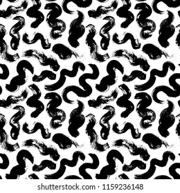 Seamless pattern with curved brush strokes. Ink illustration. Brush strokes. Geometric pattern for wrapping paper. Monochrome design. Isolated on white background.