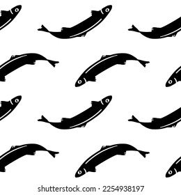 Seamless pattern with curved fish silhouettes. Seafood for the culinary menu. Fish for industrial canning. Anchovy in flat cartoon graphic style. Element for design backgrounds. Baltic herring.