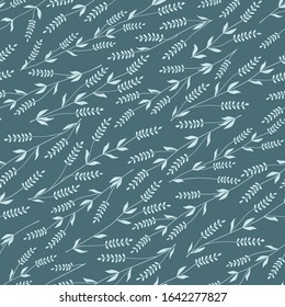 Seamless pattern of curved flowering twigs. Delicate floral background in green colors. Vector seamless pattern.
