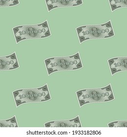Seamless pattern. Curved green one million dollar banknotes staggered