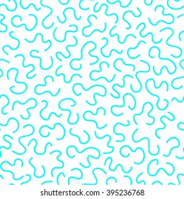 Seamless pattern of curved lines blue turquoise doodles on a white background.