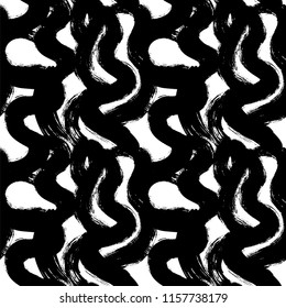Seamless pattern with curved lines. Brush strokes ornament. Ink illustration. Geometric pattern for wrapping paper. Monochrome design. Isolated on white background.