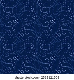 Seamless pattern of curved lines. Gradient blue curls on dark blue background. Ornate complex ornament. Winter frost pattern on the window. Classic monochrome blue design for wallpaper, textile, etc.