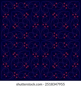 Seamless pattern of curved lines. Purple curls on dark blue background. Stylized red berries. Fantasy very dark christmas decor. Ethnic nordic style. Magic dark design for paper, textile, etc.