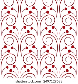 Seamless pattern of curved lines. Red curls on a white background. Stylized branches with berries. Fantasy geometric shapes. Ethnic nordic style. Monochrome red decor for clothes, home, etc.