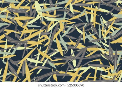 Seamless pattern with curved natural colored leaves of willow. Camouflage. Vector illustration