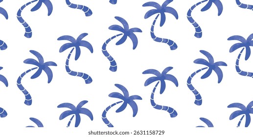 Nahtloses Muster mit gewölbten Palmen. Wiederholtes tropisches Sommermotiv in Blau auf weißem Hintergrund. Handgezeichnete mediterrane flache Vektorgrafik.