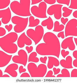 Seamless pattern of curved pink hearts of different sizes. Vector design for decoration of romantic cards, gift wrapping, gift bags, cosmetics, etc.