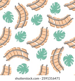 Seamless pattern with curved railway tracks and monstera leaves in flat style on white background

