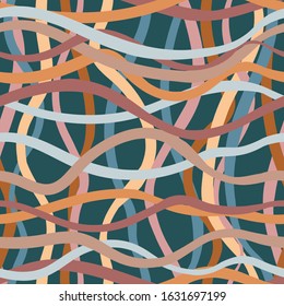 Seamless pattern with curved stripes. Vector textured background in pastel colors on a dark blue background. Textile, paper, wrapper, background, wallpaper.