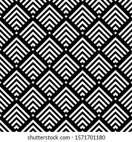Seamless pattern. Curves, polygons illustration. Brackets, checks wallpaper. Chevrons, rhombuses ornament. Geometric background. Textile print, web design, abstract backdrop. Folk motif. Vector art.