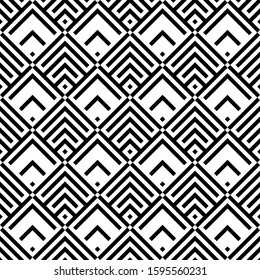 Seamless pattern. Curves, polygons illustration. Chevrons, rhombuses ornament. Geometric background. Brackets, checks wallpaper. Folk motif. Textile print, web design, abstract backdrop. Vector art.