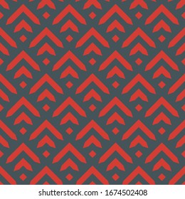 Seamless pattern. Curves, polygons illustration. Geometric background. Chevrons, rhombuses ornament. Brackets, checks wallpaper. Folk motif. Textile print, web design, abstract backdrop. Vector art.