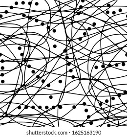 Seamless pattern with curving lines and dots. Hand drawn black and white ink illustration. Modern graphic design for wrapping paper